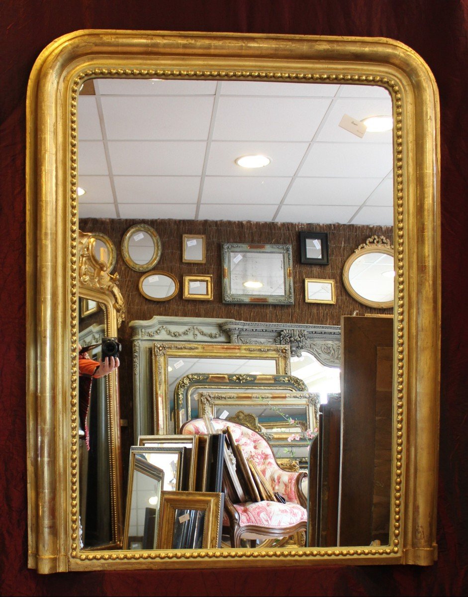 Miroir De Cheminée Ancien Louis Philippe Perlé,  Doré Feuille d'Or, 108 X 138 Cm