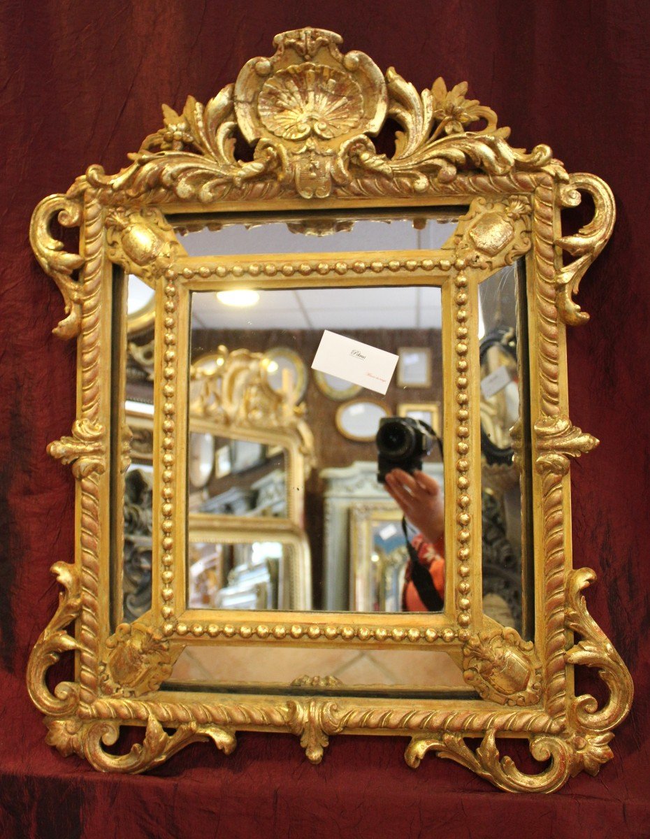 Small Napoleon III Mirror, Golden Wood With Louis XV Style Beading, 56 X 69 Cm