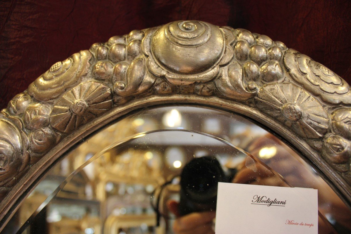 52 X 83 Cm, Miroir Ovale Métal Argenté Art-déco (Süe Et Mare), Glace Biseautée-photo-5