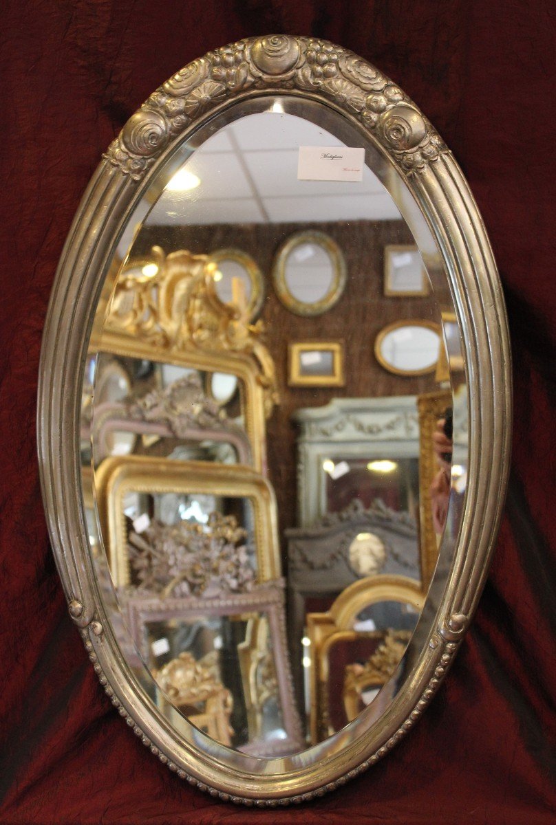  52 X 83 Cm, Miroir Ovale Métal Argenté Art-déco (Süe Et Mare), Glace Biseautée