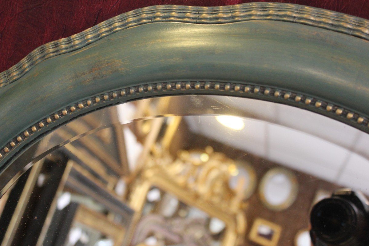 Miroir Ancien Ovale perlé, Patine Ton Vert, Glace Biseautée, 55 X 64 Cm-photo-2