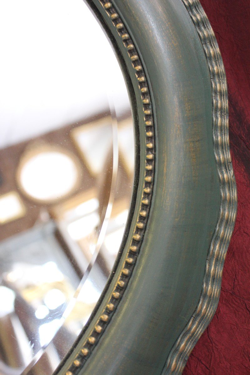 Miroir Ancien Ovale perlé, Patine Ton Vert, Glace Biseautée, 55 X 64 Cm-photo-3