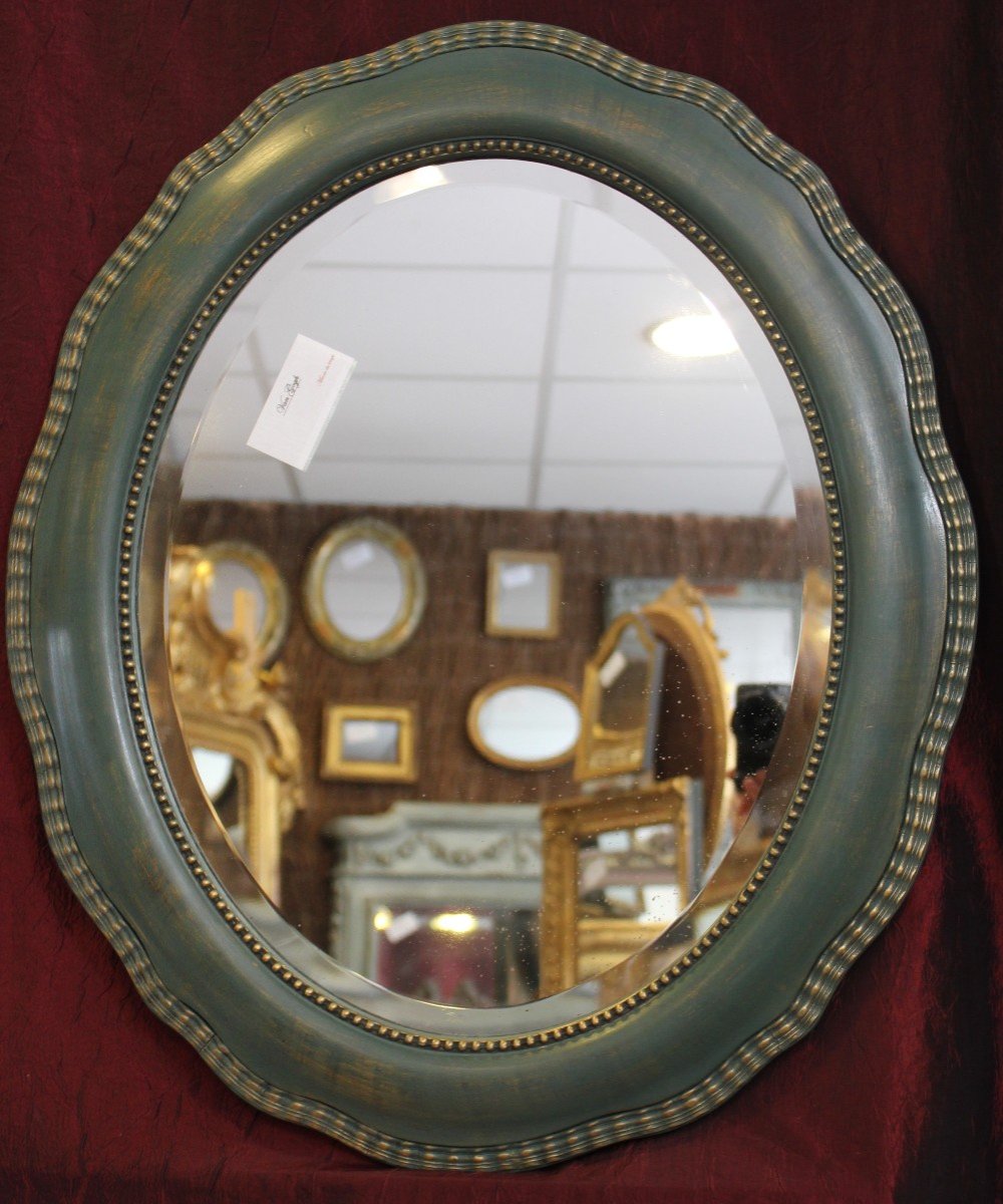 Miroir Ancien Ovale perlé, Patine Ton Vert, Glace Biseautée, 55 X 64 Cm-photo-4
