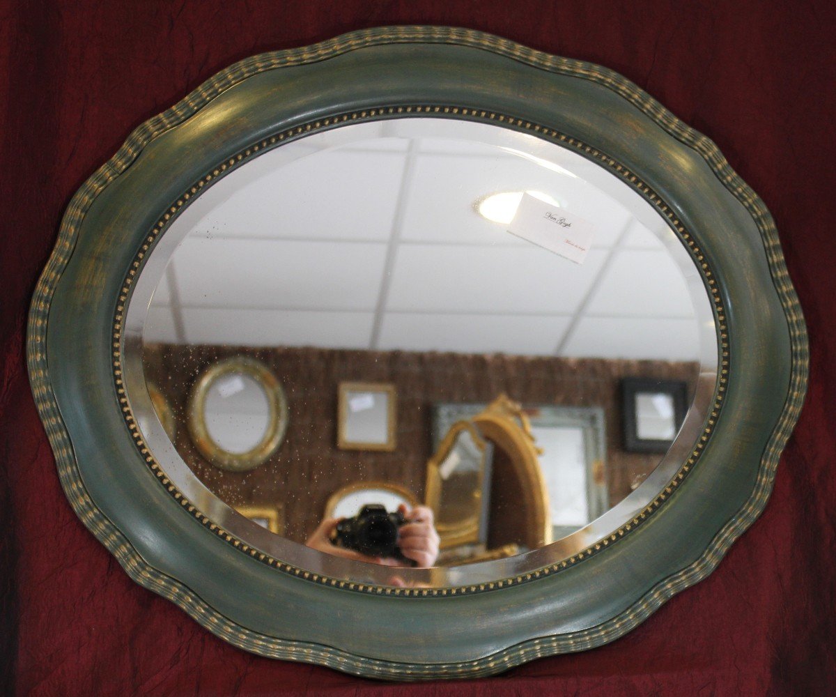 Miroir Ancien Ovale perlé, Patine Ton Vert, Glace Biseautée, 55 X 64 Cm-photo-1