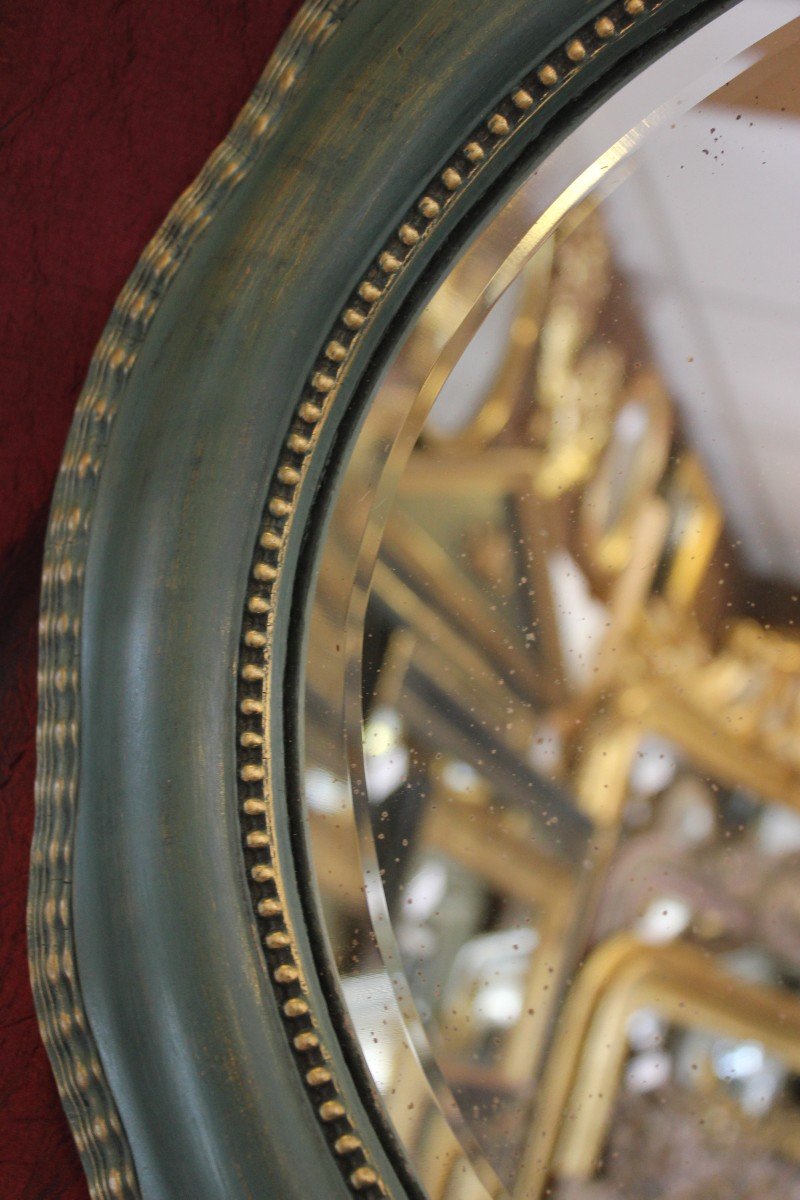 Miroir Ancien Ovale perlé, Patine Ton Vert, Glace Biseautée, 55 X 64 Cm-photo-3