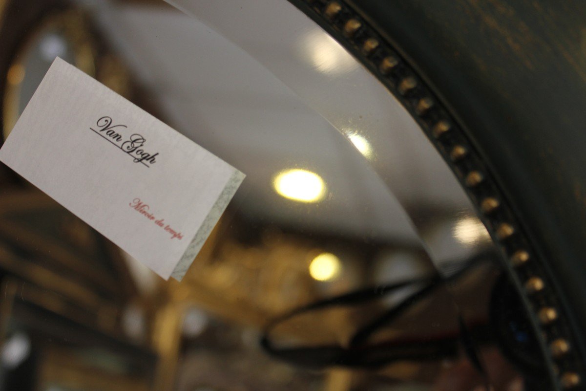 Miroir Ancien Ovale perlé, Patine Ton Vert, Glace Biseautée, 55 X 64 Cm-photo-5