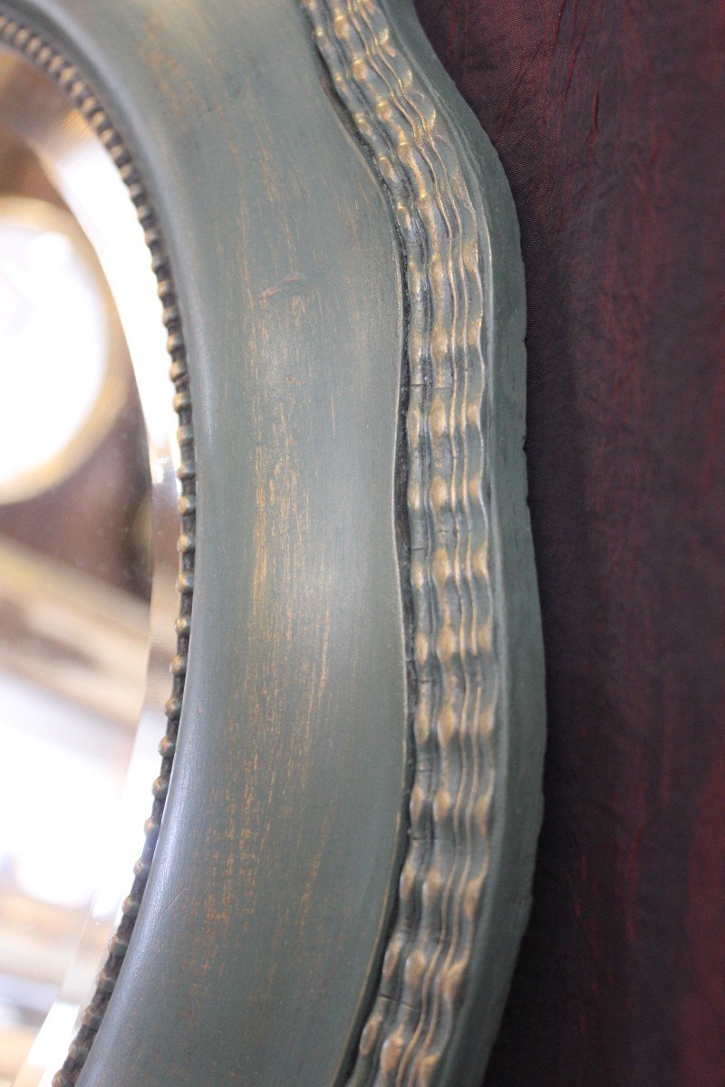 Miroir Ancien Ovale perlé, Patine Ton Vert, Glace Biseautée, 55 X 64 Cm-photo-6