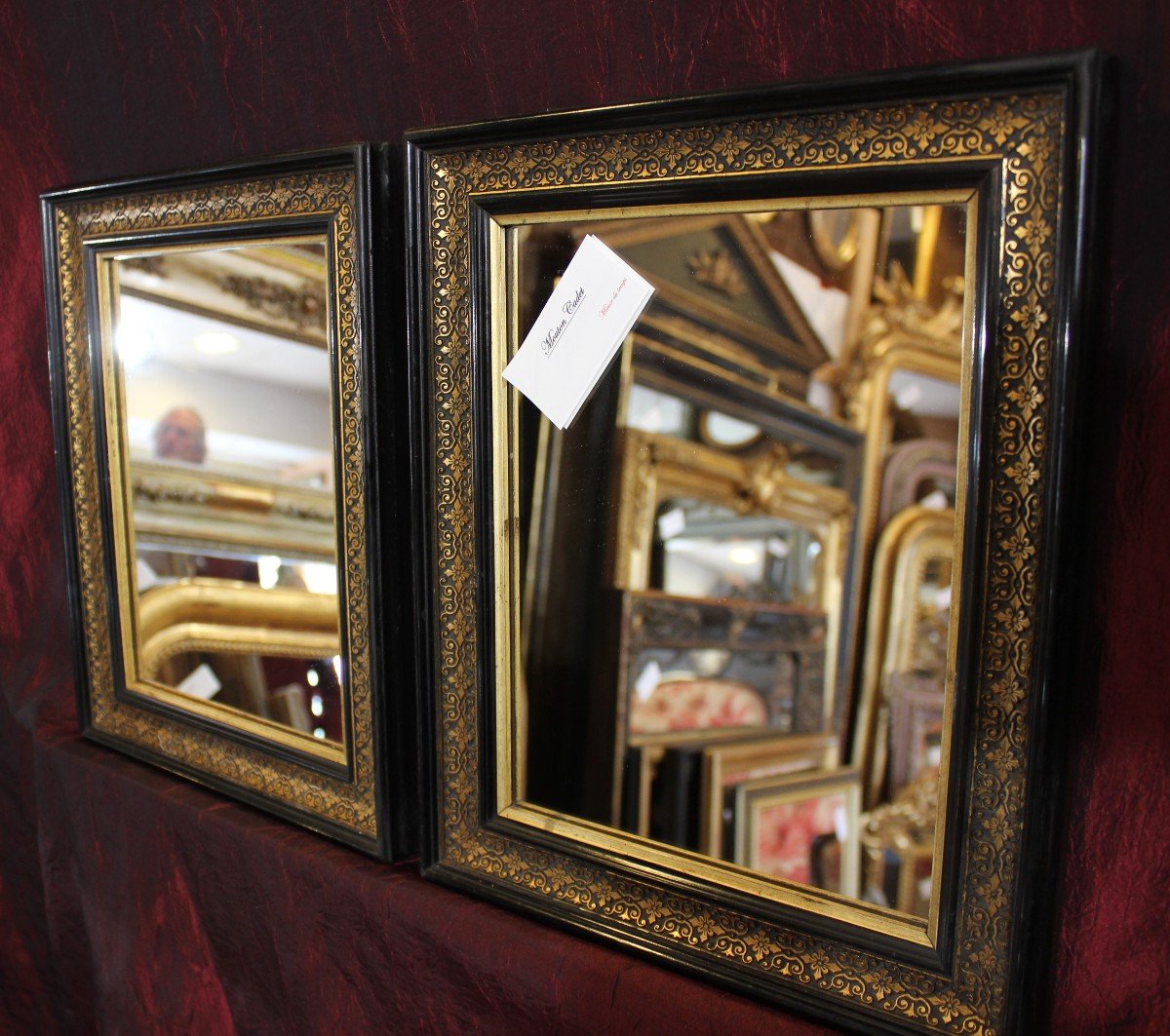 Pair Of Napoleon III Rectangle Mirrors, Black And Gold 28 X 34 Cm-photo-2