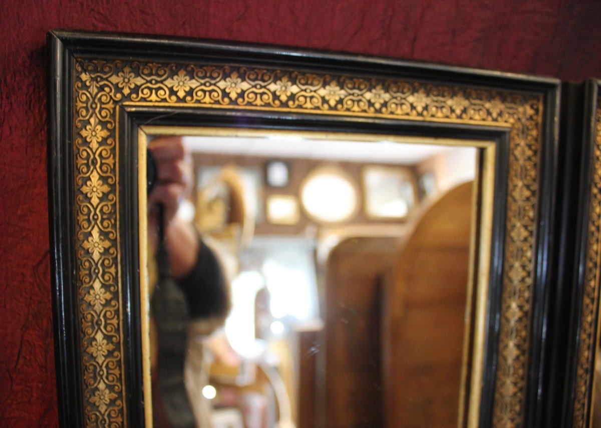 Pair Of Napoleon III Rectangle Mirrors, Black And Gold 28 X 34 Cm-photo-1