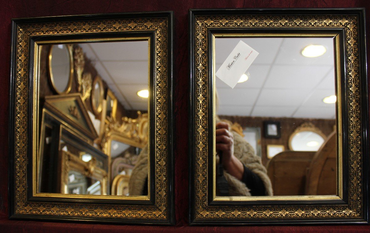 Pair Of Napoleon III Rectangle Mirrors, Black And Gold 28 X 34 Cm