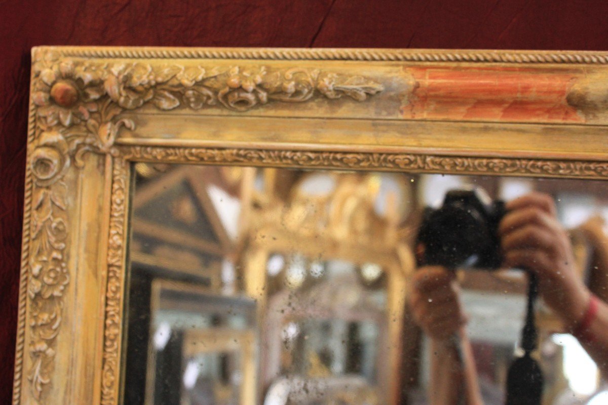 55 x 67 cm, Miroir Ancien Rectangle Restauration, Patine, Décors Fleurs, Glace Mercure-photo-2