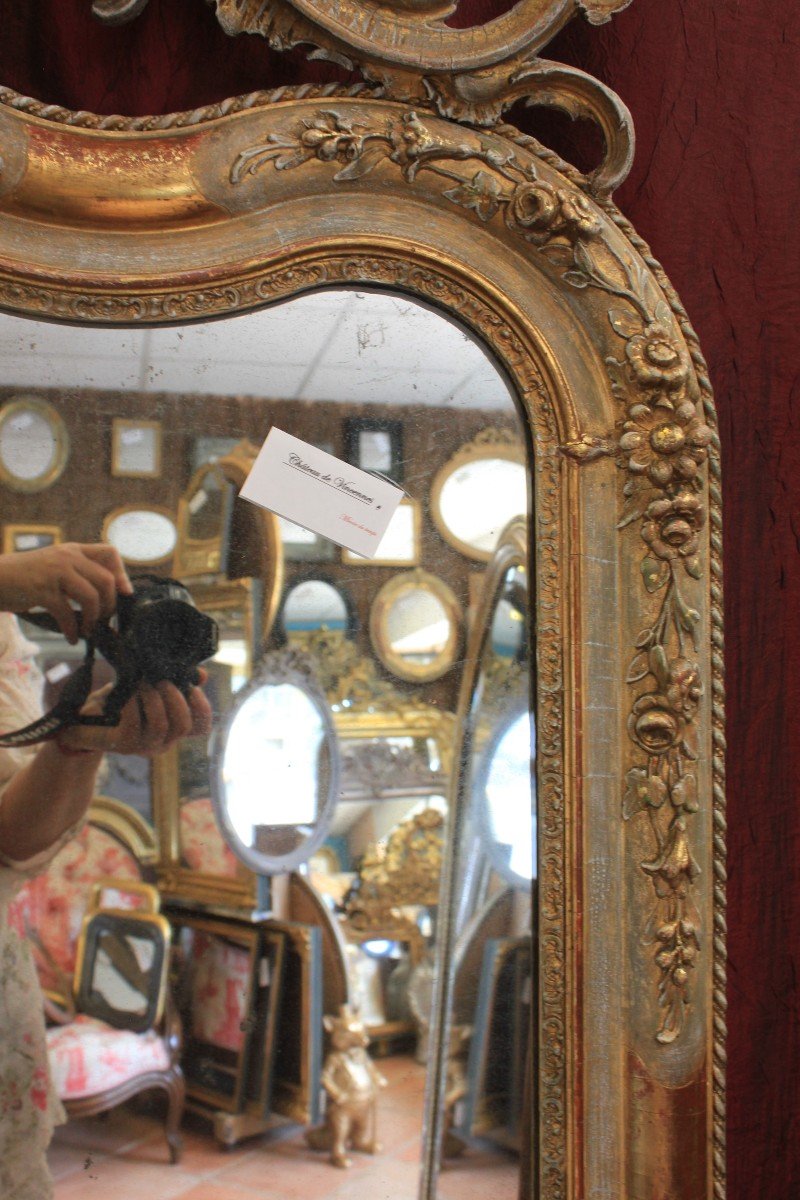 85 X 185 Cm Large Antique Mirror With Fronton, Gold Leaf And Patina, Mercury Glaze-photo-1