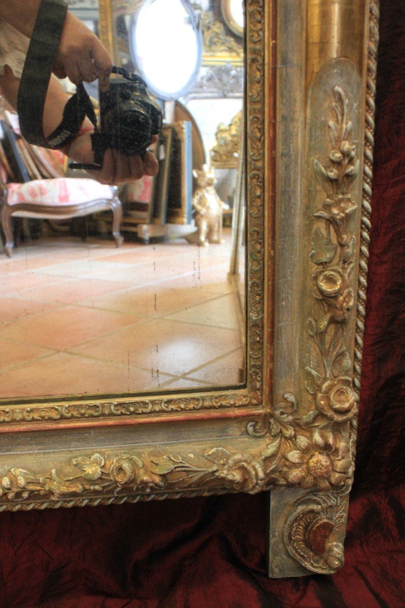 85 X 185 Cm Large Antique Mirror With Fronton, Gold Leaf And Patina, Mercury Glaze-photo-2