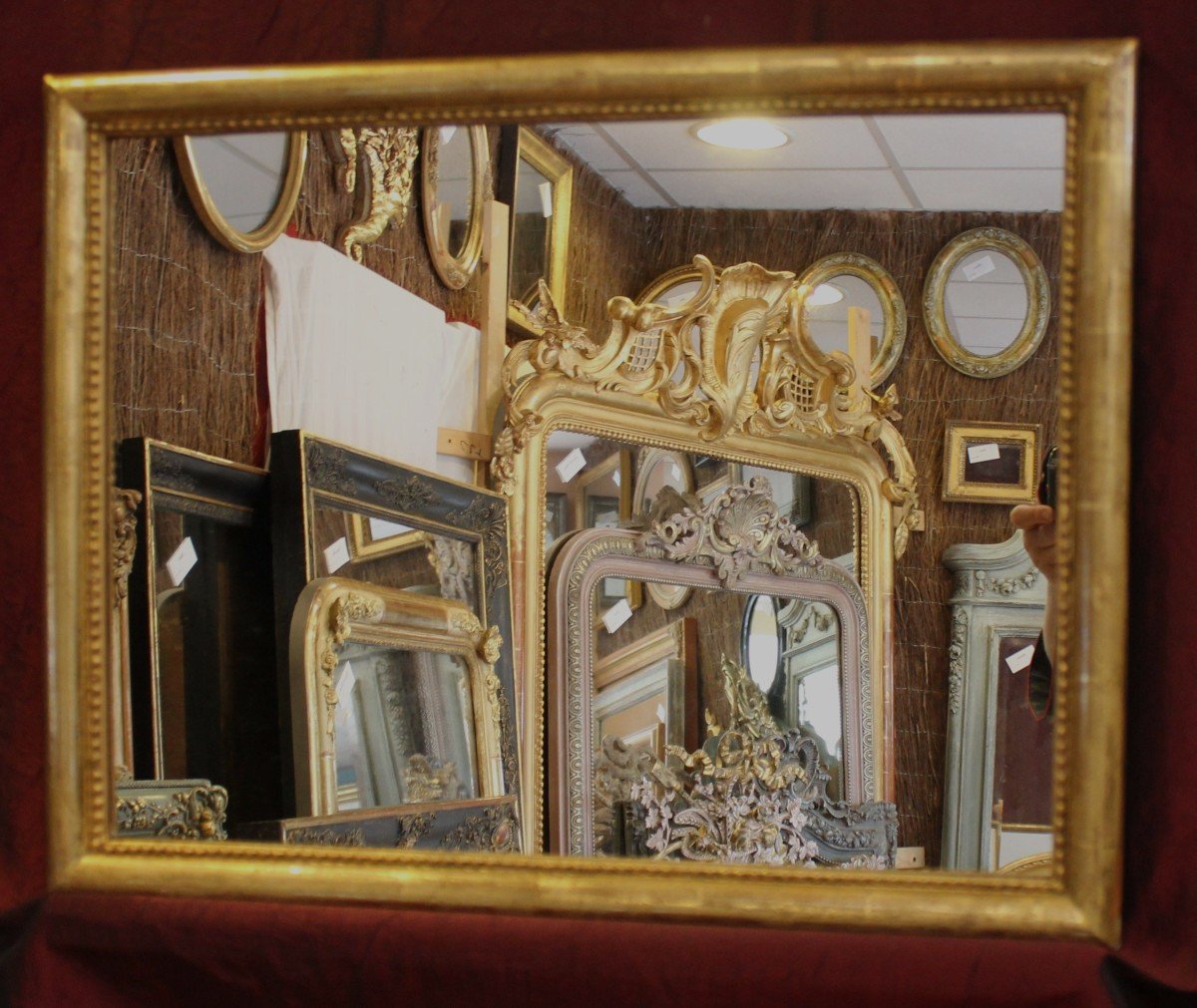 44 X 56 Cm, Pair Of Rectangle Gold Leaf Mirrors, Beaded Half-ring Molding-photo-1