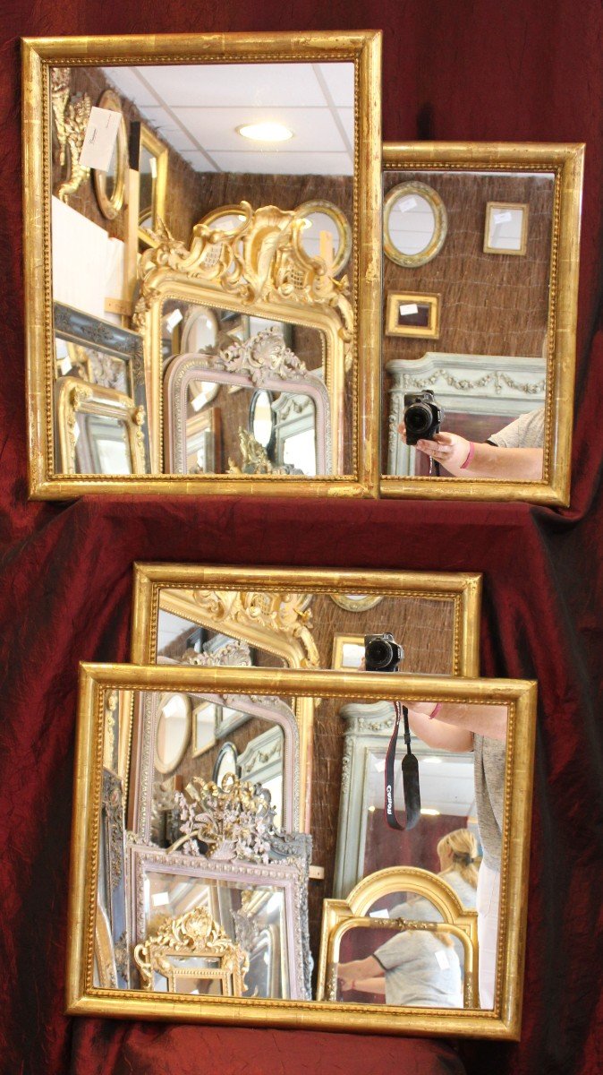 44 X 56 Cm, Pair Of Rectangle Gold Leaf Mirrors, Beaded Half-ring Molding