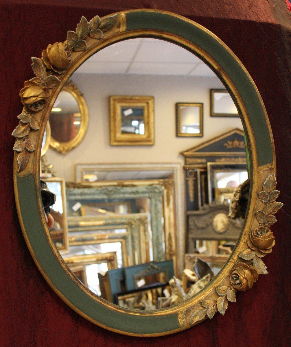 47 X 57 Cm, Pair Of Antique Oval Mirrors, Green Patina And Gilding, Rose Decor-photo-3