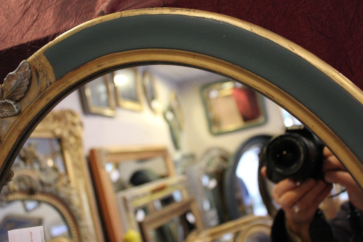 47 X 57 Cm, Pair Of Antique Oval Mirrors, Green Patina And Gilding, Rose Decor-photo-1