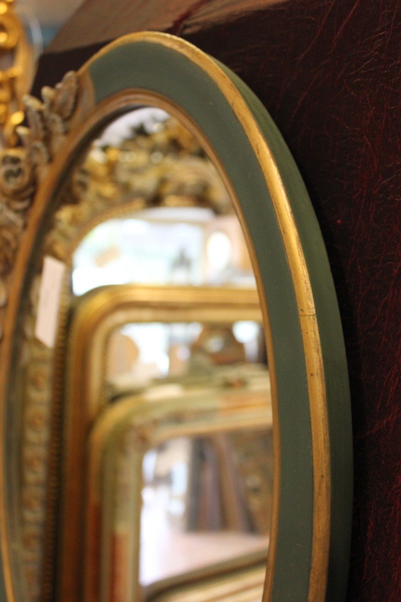 47 X 57 Cm, Pair Of Antique Oval Mirrors, Green Patina And Gilding, Rose Decor-photo-3