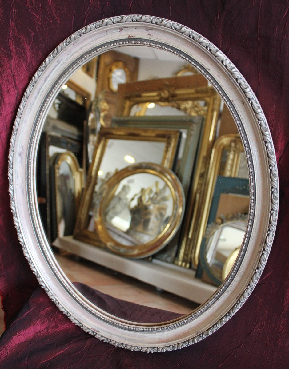 47 x 57 cm paire de miroirs ovales perlés, patine argentée-photo-3