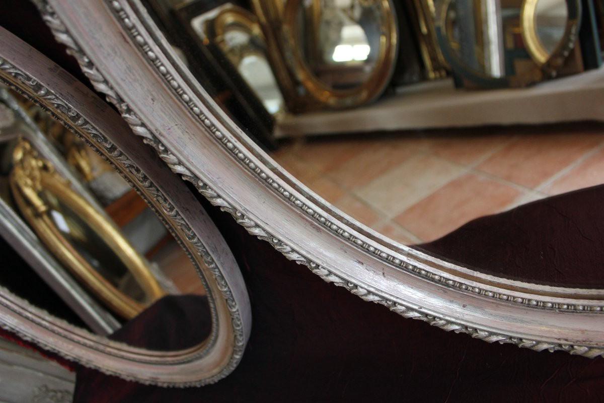 47 x 57 cm paire de miroirs ovales perlés, patine argentée-photo-4