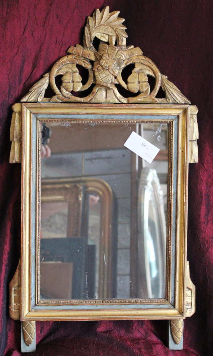 40 X 75 Cm Small Antique Louis XVI Directory Mirror In Carved And Gilded Wood-photo-2