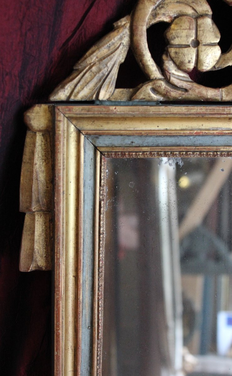 40 X 75 Cm Small Antique Louis XVI Directory Mirror In Carved And Gilded Wood-photo-4