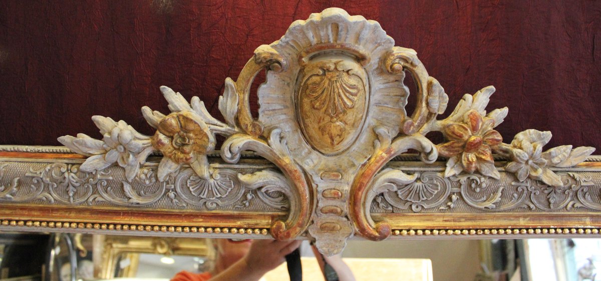 107 X 173 Cm Napoleon III Pearl Mirror, Louis XV Style Pediment Decoration, Gold Leaf And Patina-photo-7