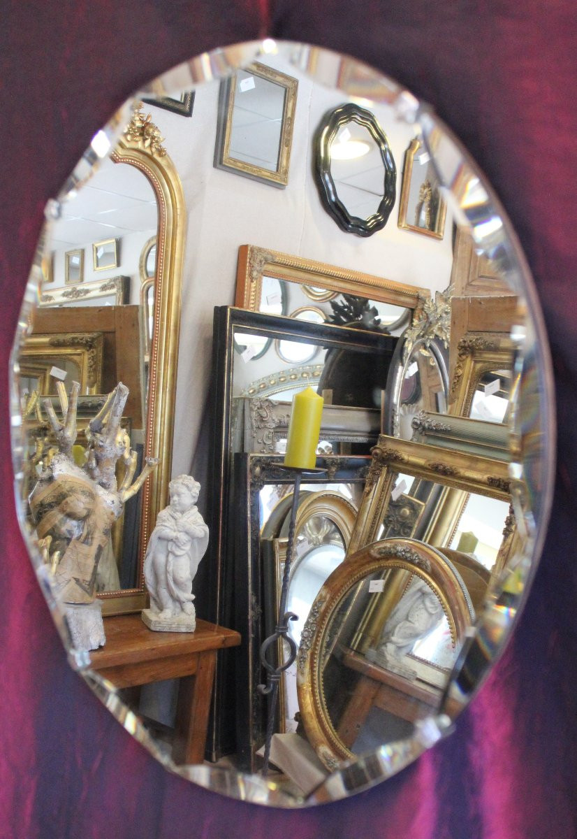 Diameter 50 Cm, Round Mirror, Faceted Glass, 1950s-photo-4