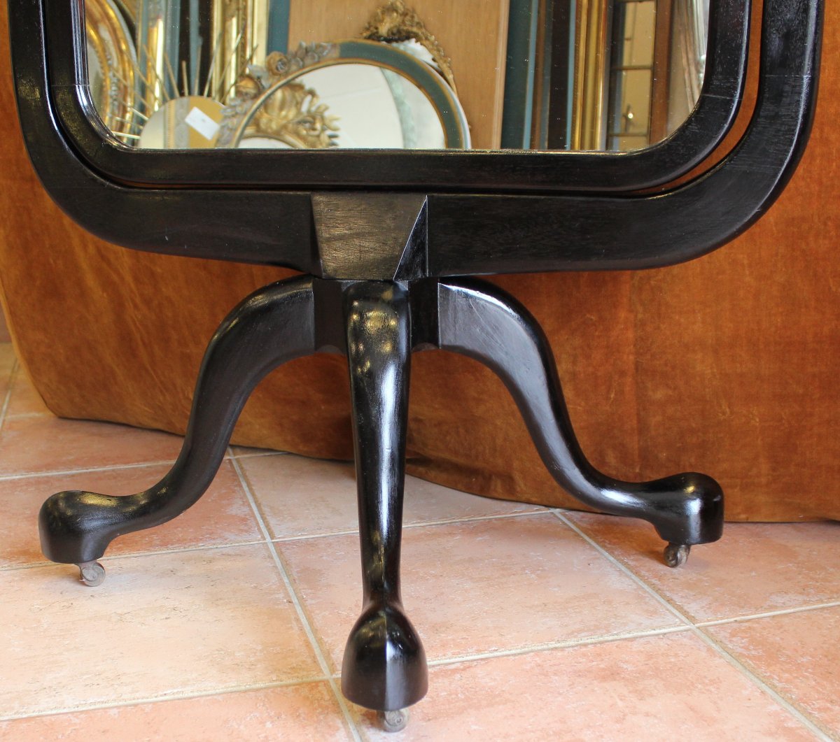 86 x 177 cm, Miroir Psyché, style Chippendale XIXème, bois laqué noir-photo-3
