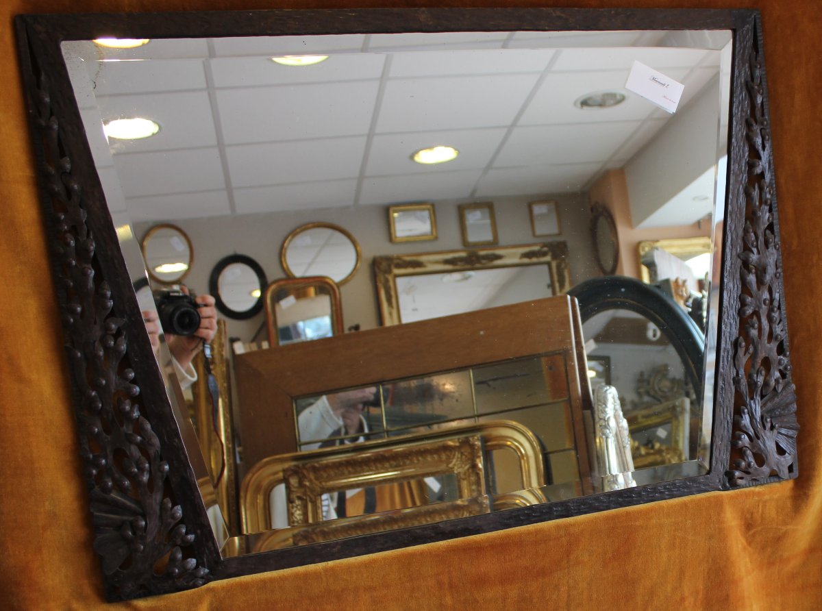 84 X 60 Cm Art Nouveau Wrought Iron Mirror, Beveled Glass-photo-1