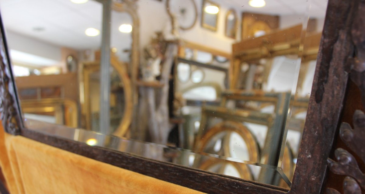 84 X 60 Cm Art Nouveau Wrought Iron Mirror, Beveled Glass-photo-3