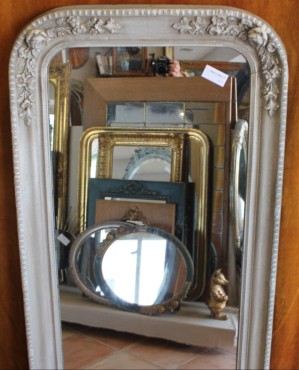 80 x 153 cm, Miroir de cheminée ancien, à décor de roses, patine et glace mercure.-photo-2