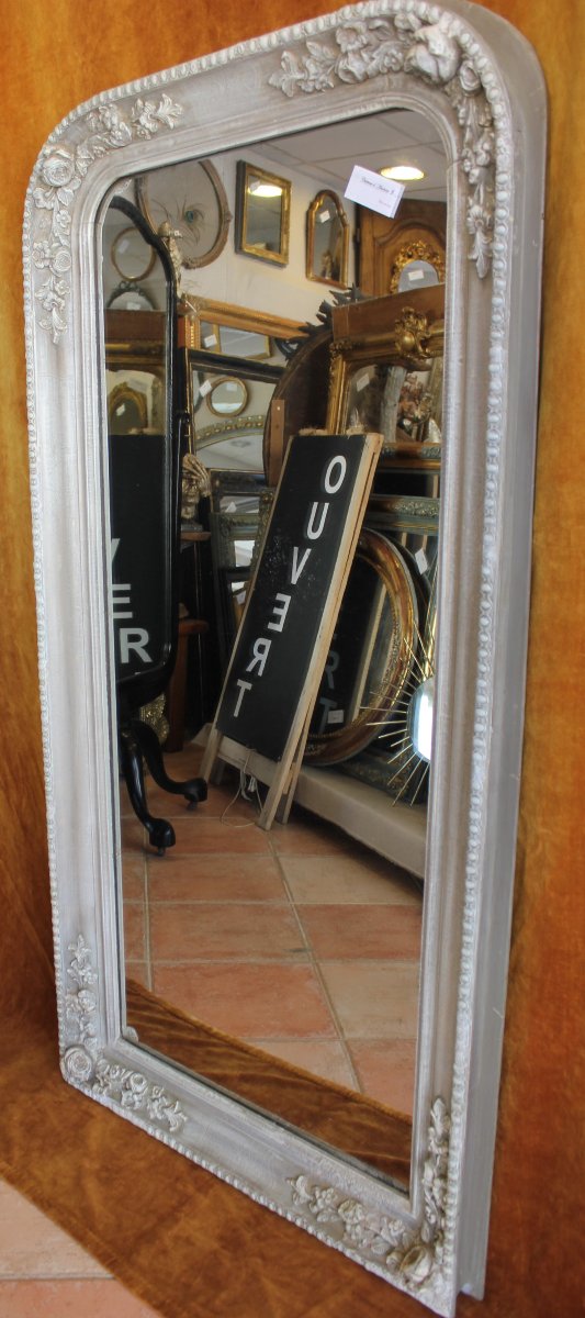 80 x 153 cm, Miroir de cheminée ancien, à décor de roses, patine et glace mercure.-photo-3