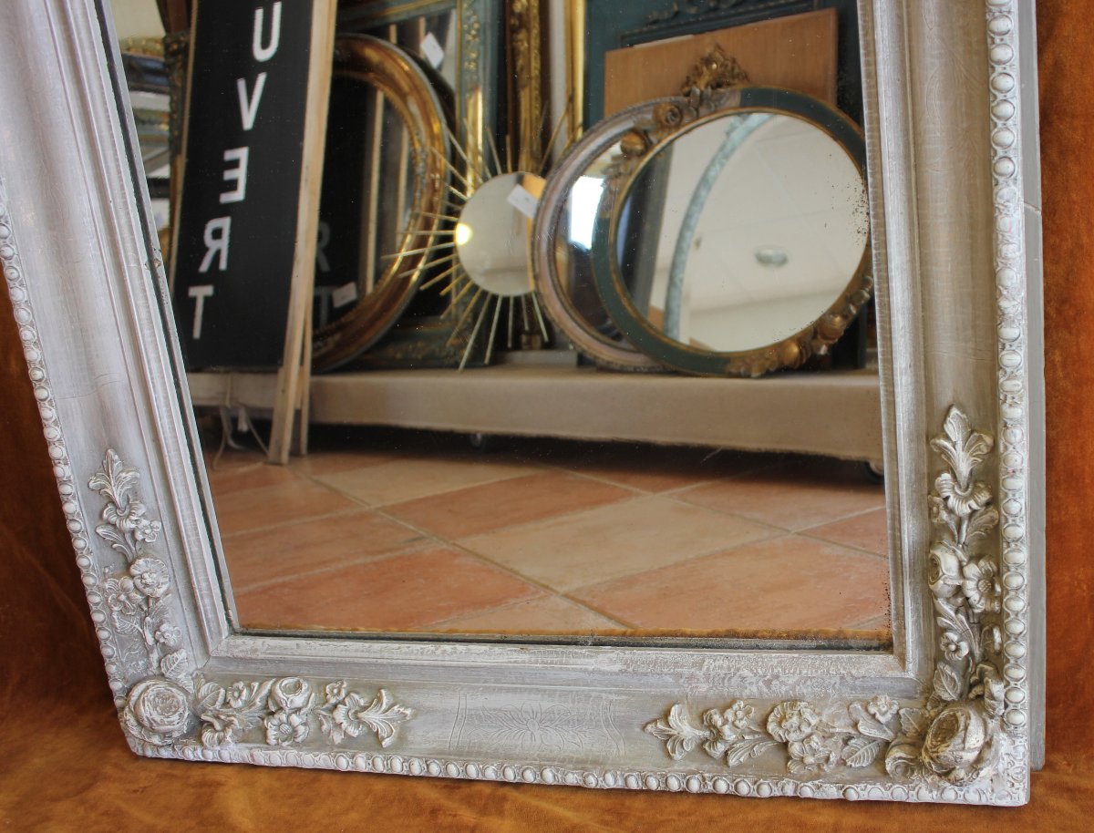 80 x 153 cm, Miroir de cheminée ancien, à décor de roses, patine et glace mercure.-photo-4