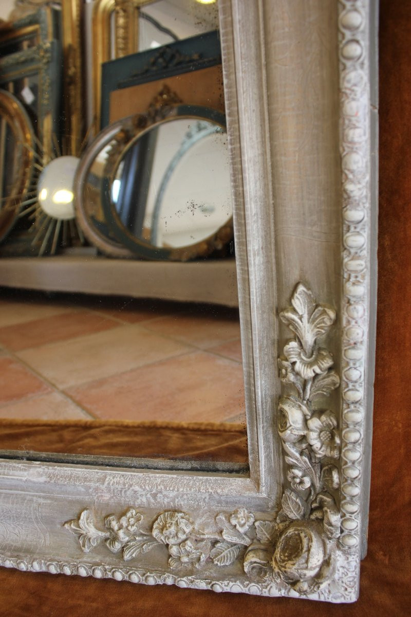80 x 153 cm, Miroir de cheminée ancien, à décor de roses, patine et glace mercure.-photo-1