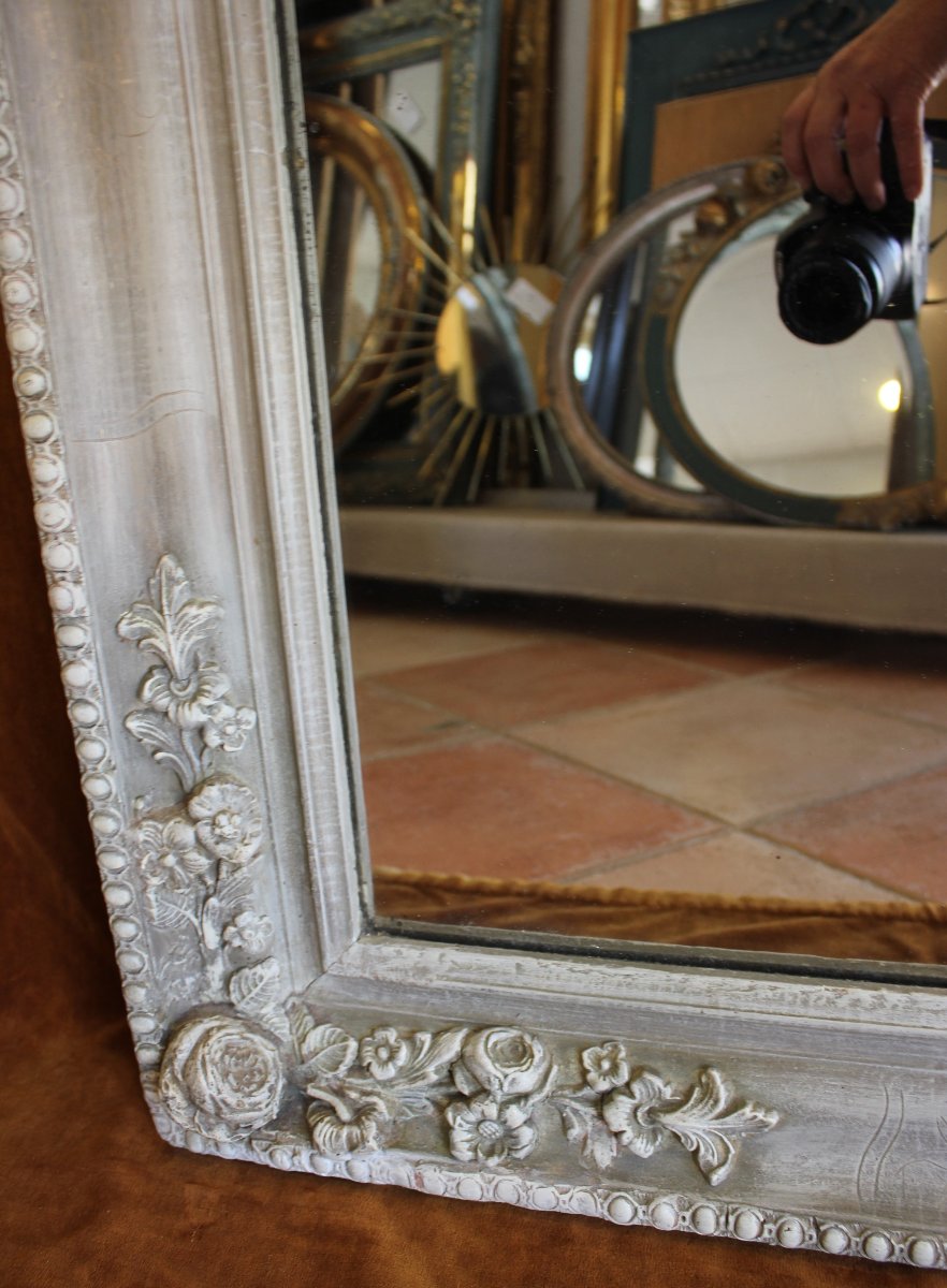 80 x 153 cm, Miroir de cheminée ancien, à décor de roses, patine et glace mercure.-photo-2