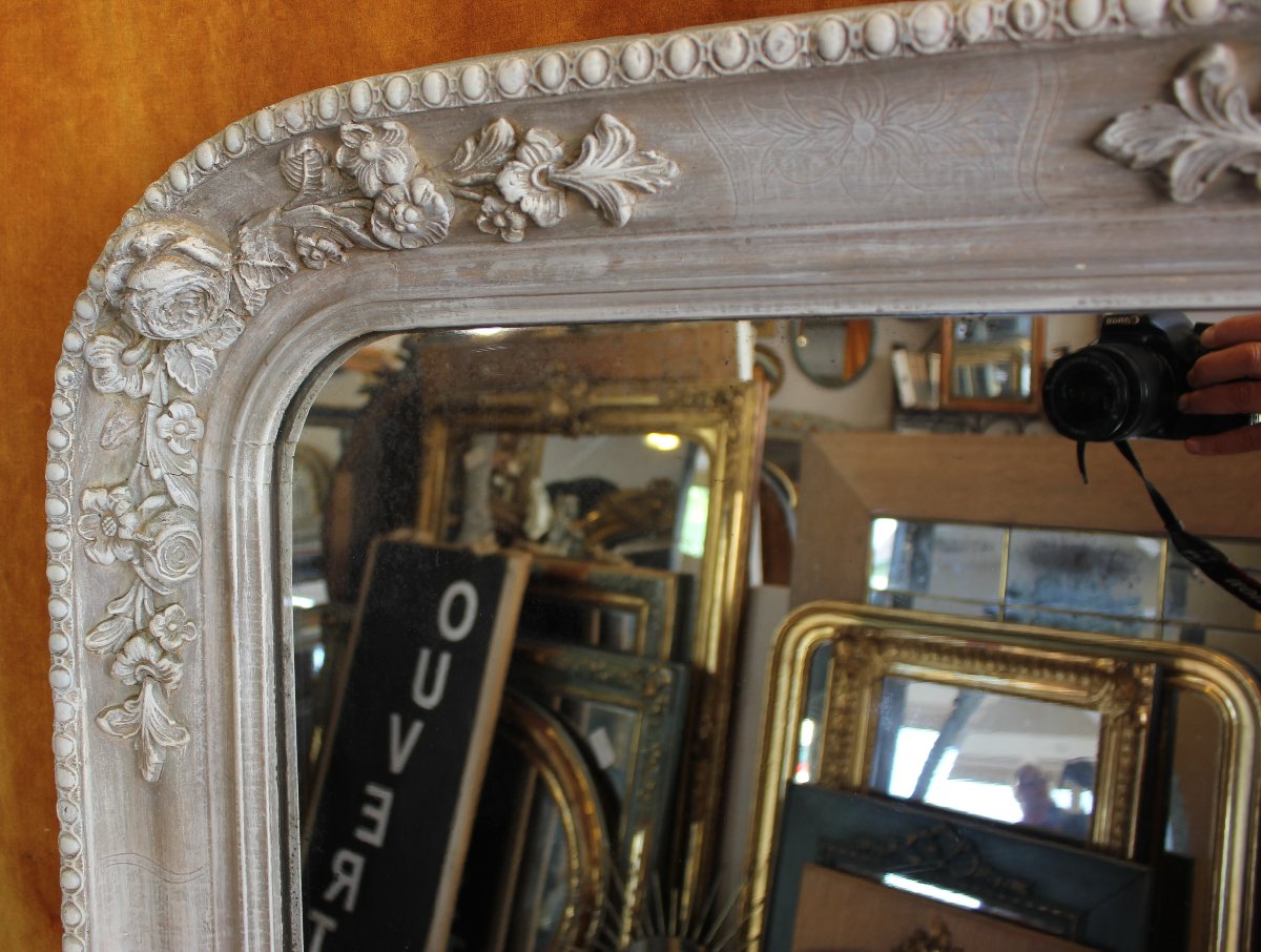 80 x 153 cm, Miroir de cheminée ancien, à décor de roses, patine et glace mercure.-photo-3