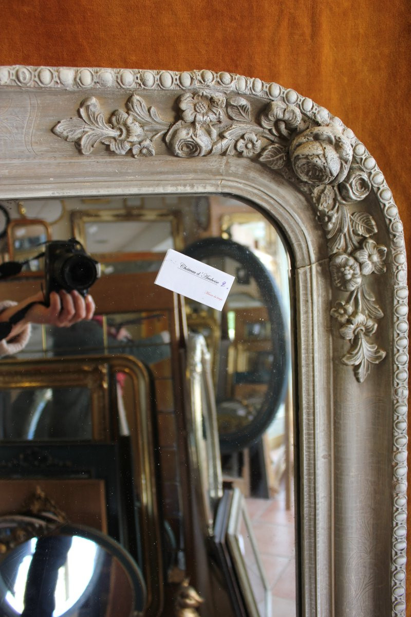 80 x 153 cm, Miroir de cheminée ancien, à décor de roses, patine et glace mercure.-photo-4