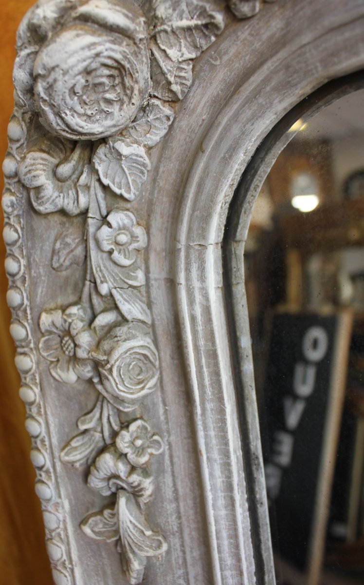 80 x 153 cm, Miroir de cheminée ancien, à décor de roses, patine et glace mercure.-photo-6