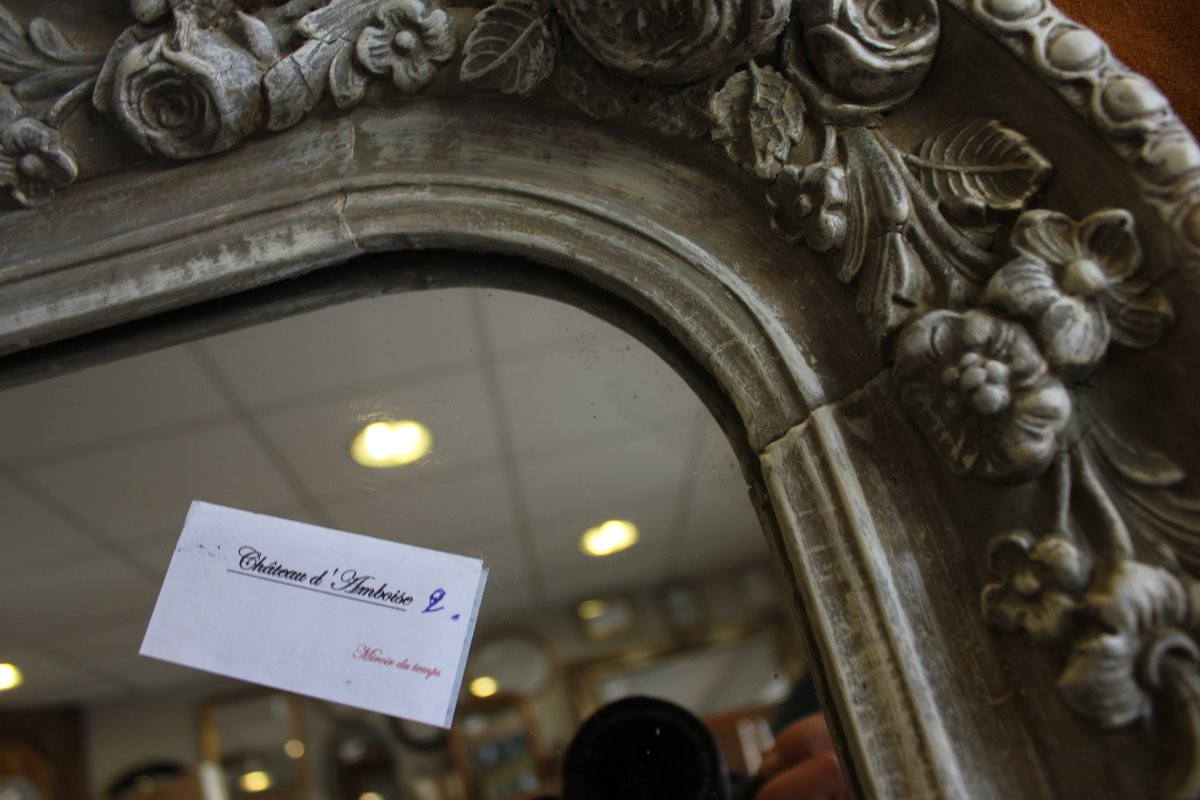 80 x 153 cm, Miroir de cheminée ancien, à décor de roses, patine et glace mercure.-photo-7