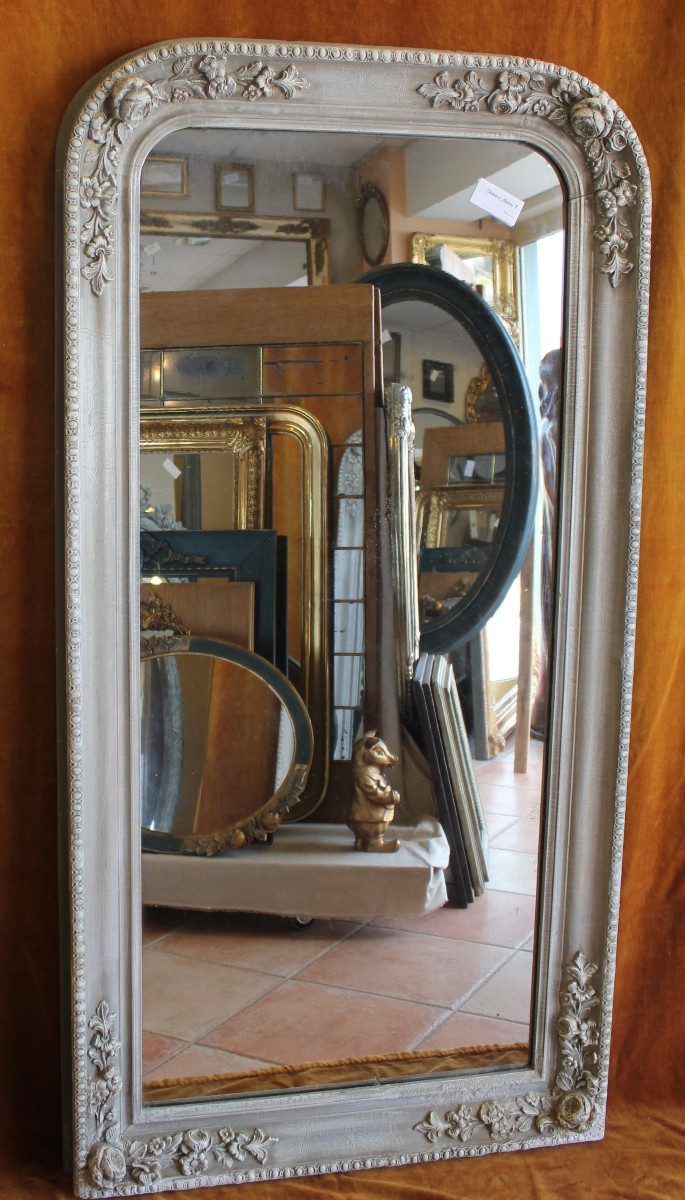 80 x 153 cm, Miroir de cheminée ancien, à décor de roses, patine et glace mercure.