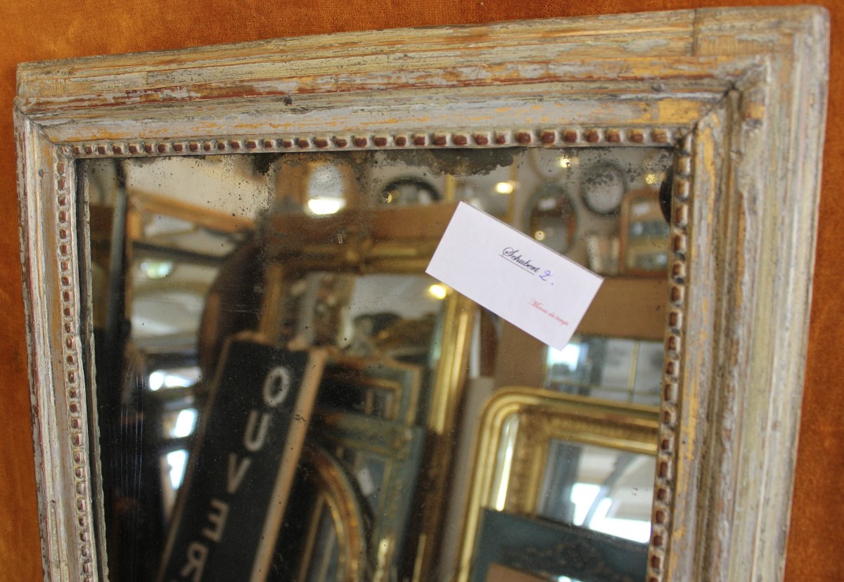 43 x 51 cm, Miroir ancien Louis XVI perlé, bois patiné, glace mercure.-photo-3