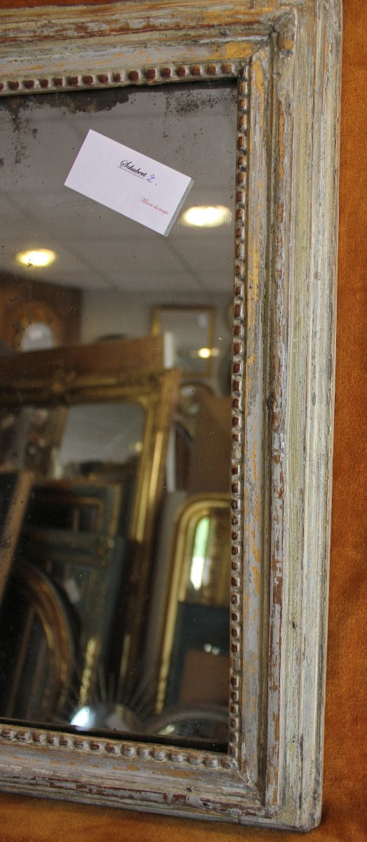 43 x 51 cm, Miroir ancien Louis XVI perlé, bois patiné, glace mercure.-photo-2
