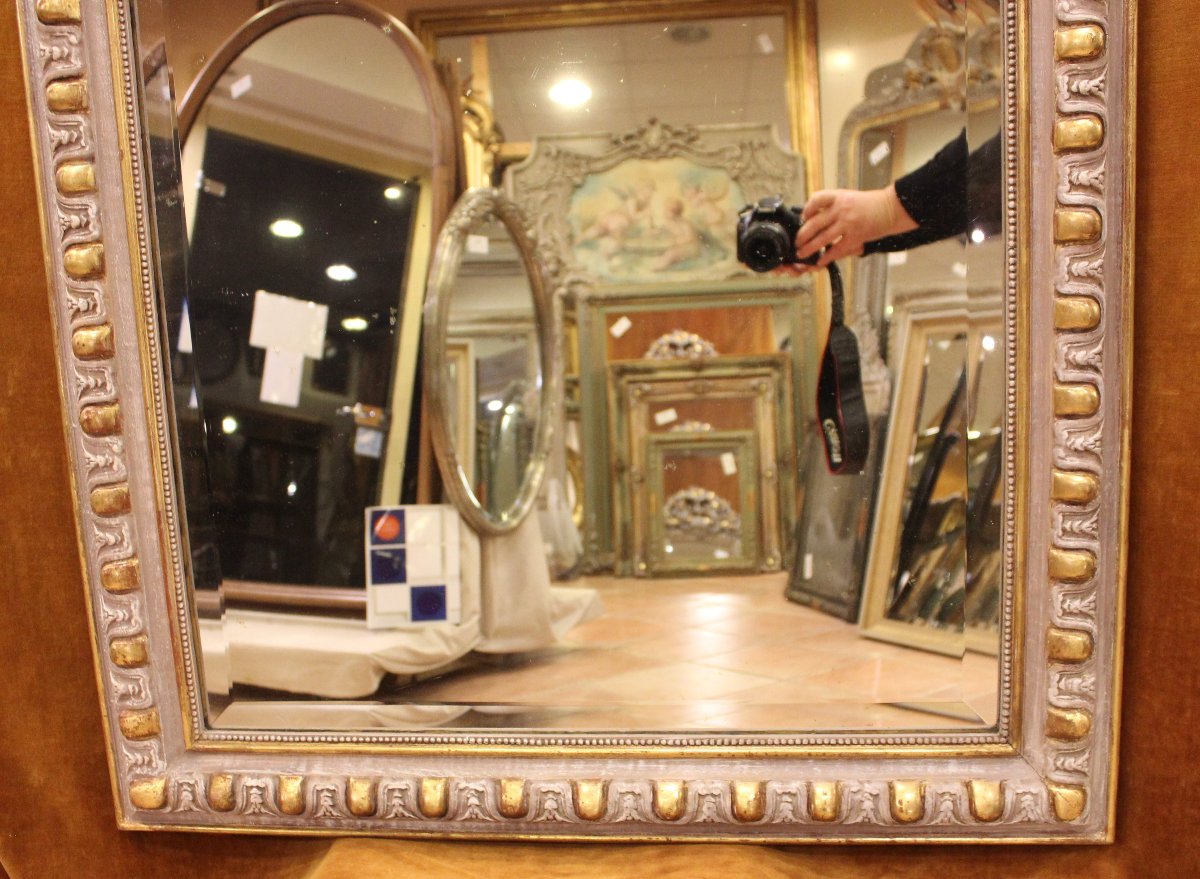 87 x 166 cm Miroir ancien de cheminée XIXème, feuille d'or et patine, décor d'anges musiciens.-photo-4
