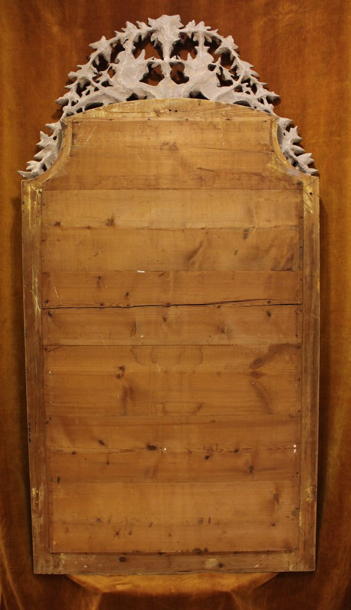 87 x 166 cm Miroir ancien de cheminée XIXème, feuille d'or et patine, décor d'anges musiciens.-photo-8