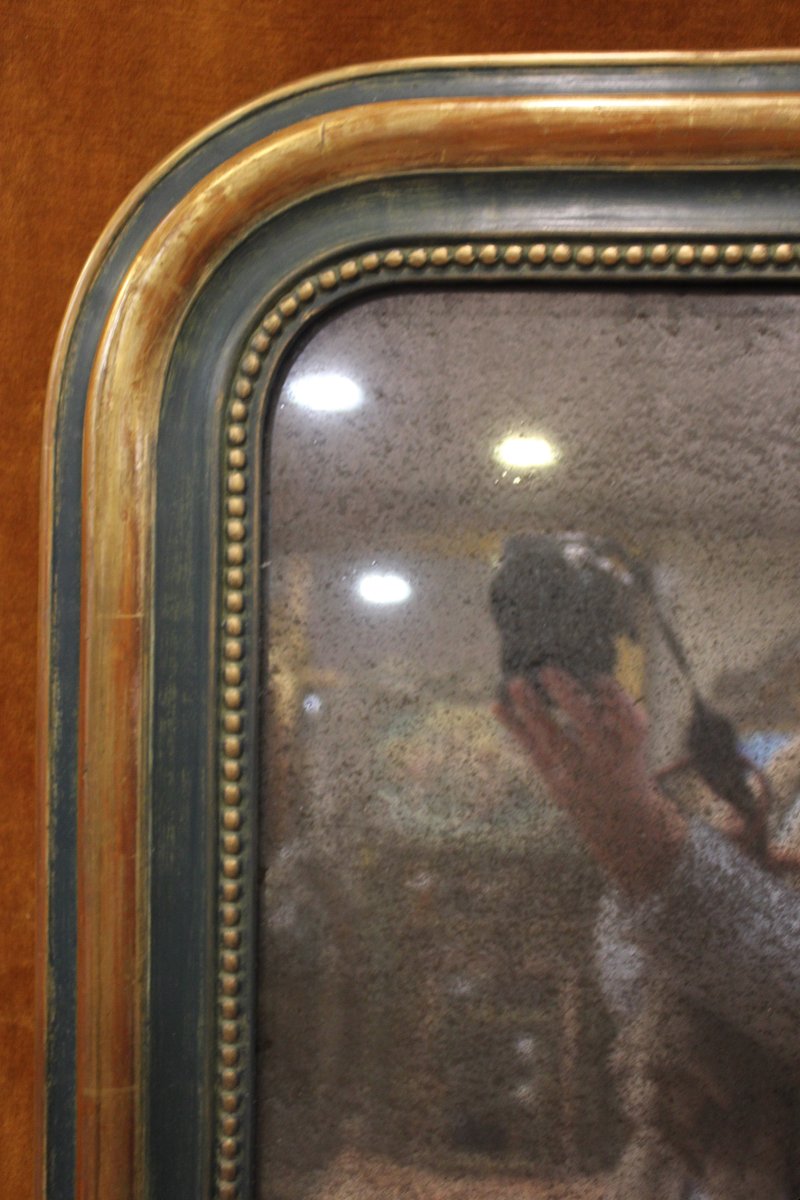 56 x 70 cm Miroir ancien Louis Philippe perlé, or et patine, glace mercure-photo-2