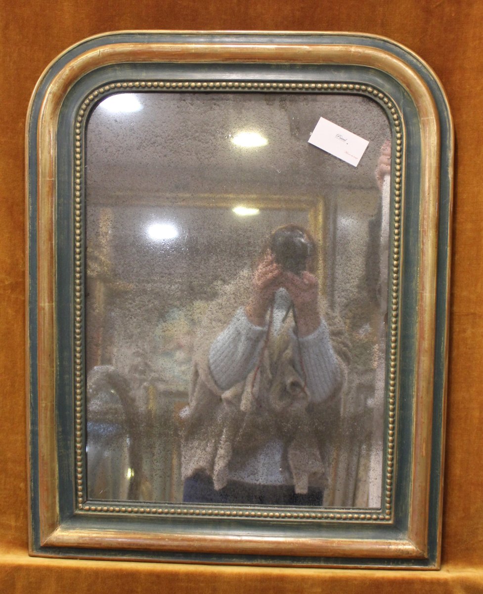 56 x 70 cm Miroir ancien Louis Philippe perlé, or et patine, glace mercure-photo-5