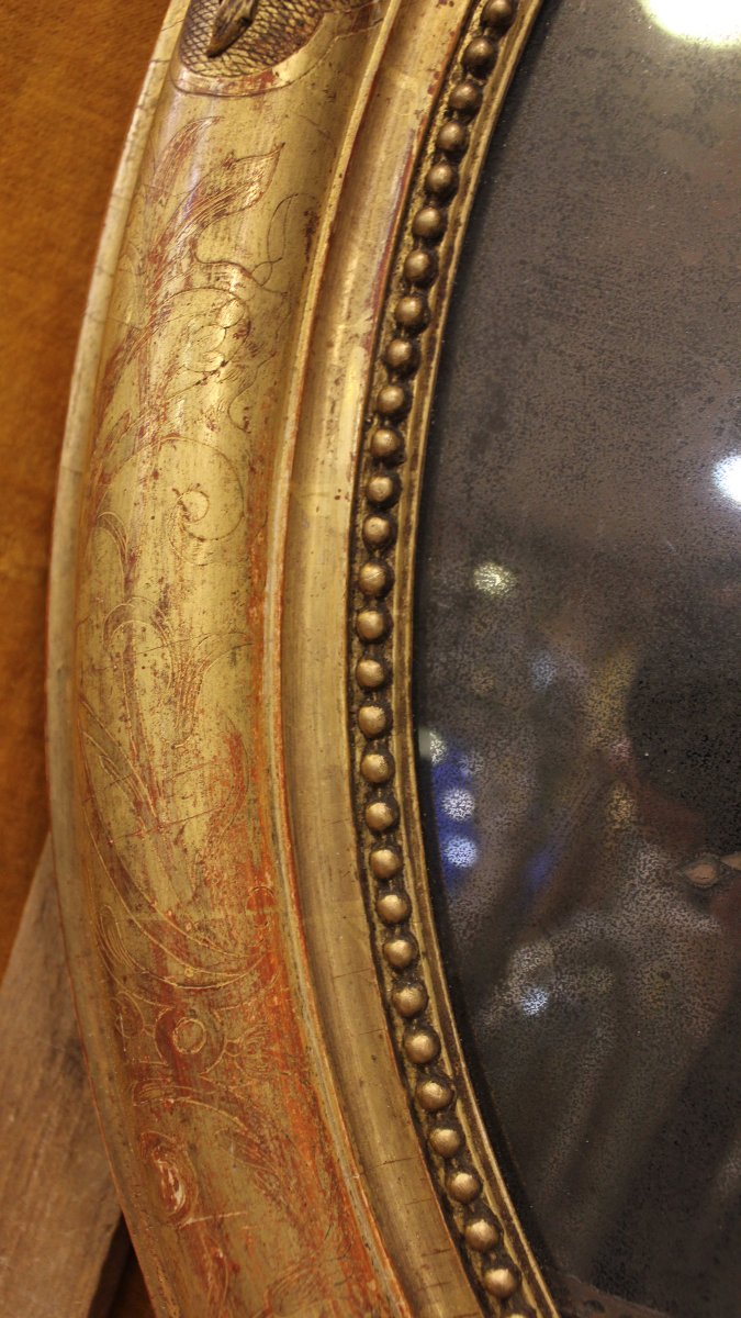 61 x 80 cm Miroir ovale style Louis XVI, feuille d'or, glace mercure.-photo-3