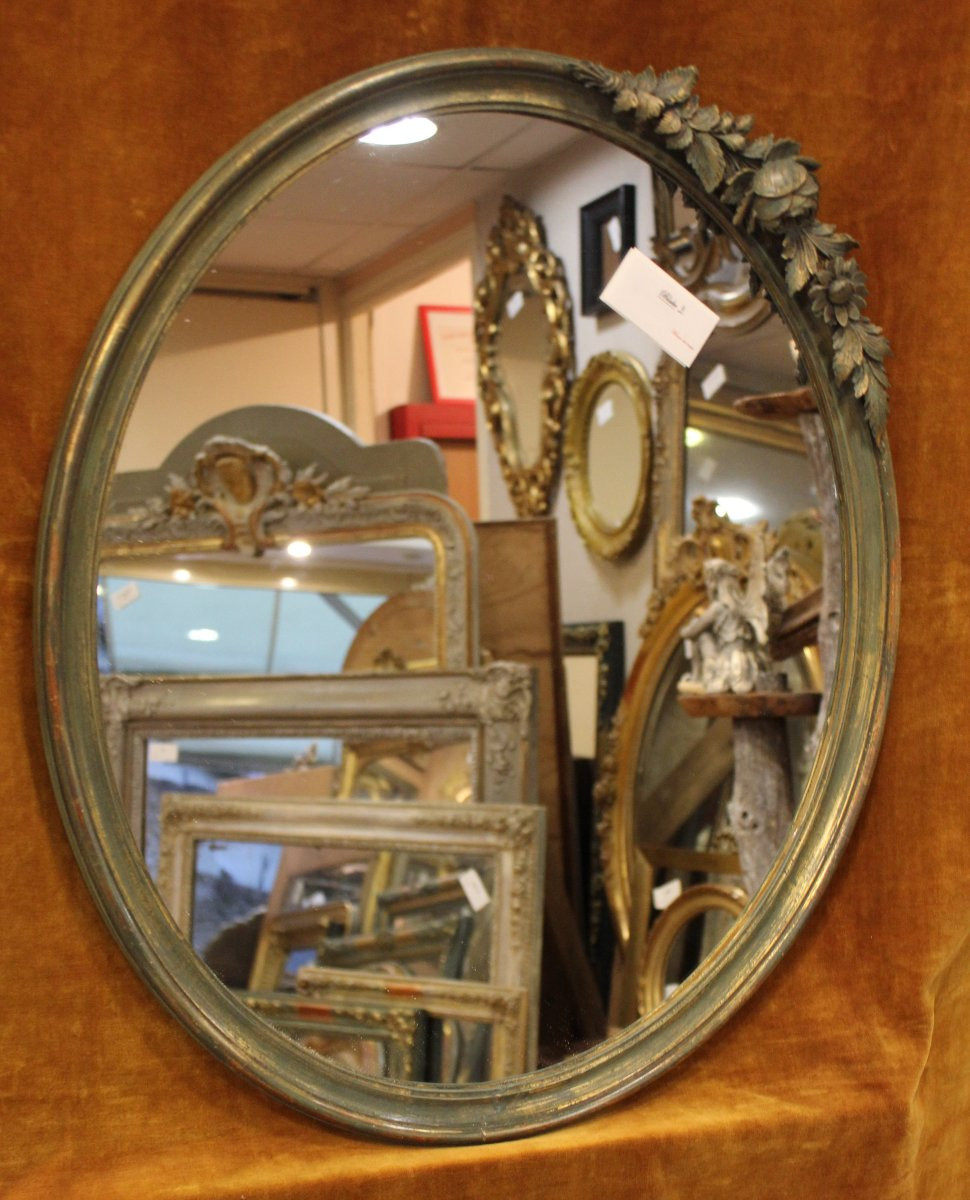 55 X 66 Cm Oval Mirror, Fine Molding With Floral Decorations "1920"-photo-2