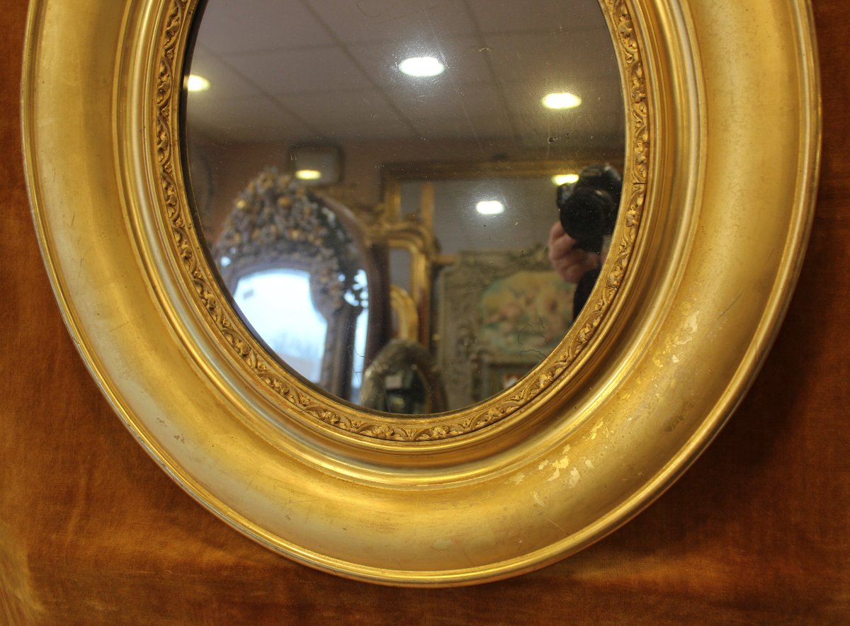 62 X 54 Cm Antique Mirror, Oval Medallion, Gold Leaf And Mercury Glass-photo-3